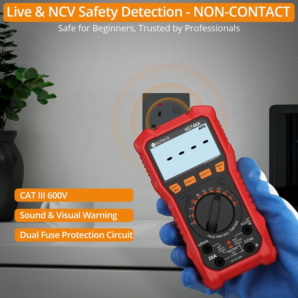 Neoteck 6000 Zählungen TRMS Digitalmultimeter Tester mit Tastverhältnis NCV Spannungsfühler Temperatur Krokodilklemmen Aufbewahrung und Japanischer Bedienungsanleitung AC/DC Spannung,