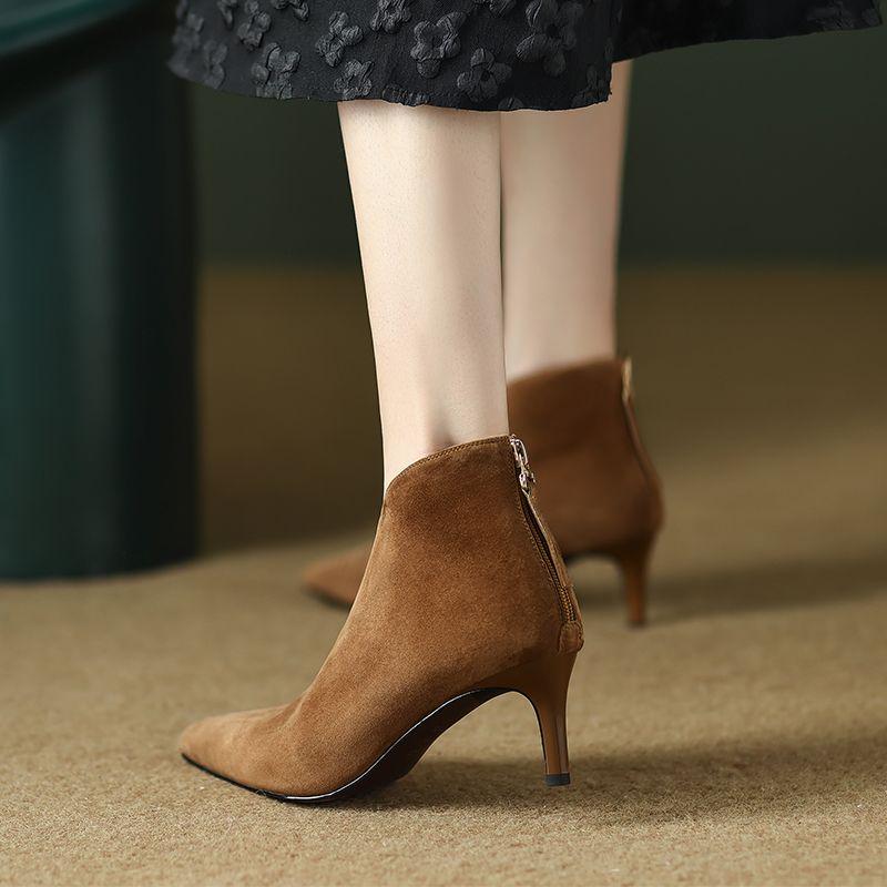 Fashion FHANCHU Nubuck Flock Ankle Boots,Women High Heels Booties,Fall/Winter Shoes,Pointed Toe Botas,Deep V Shape,Black,Brown,Dropship