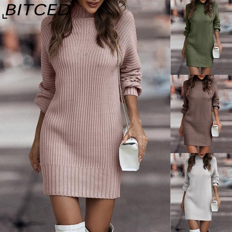 BITCED Fall/Winter Solid-Color Long-Sleeve Fashion Turtleneck Sweater Dress for Women