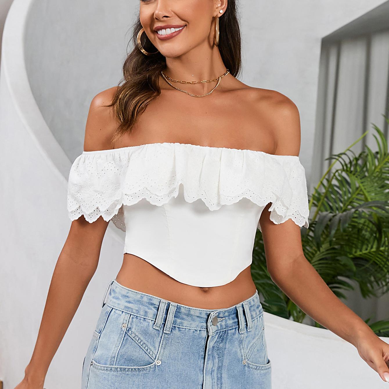 European and American summer one-word shoulder tube top, popular lace exposed navel sexy slim short women s clothing XS