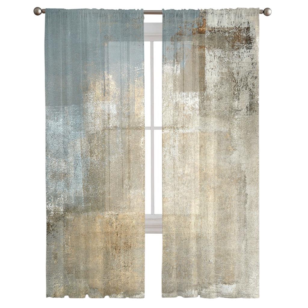 Retro Country Style Abstract Art Tulle Curtain Voile Transparent Tulle for Bedroom Living Room Kitchen Sheer Window Curtains