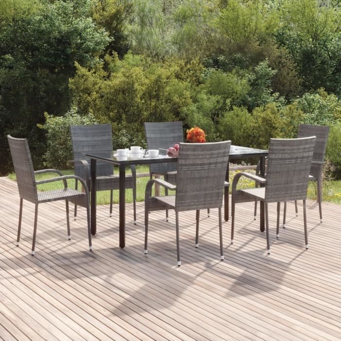 3156665 vidaXL Ensemble à dîner de jardin 7 pcs Gris Résine tressée
