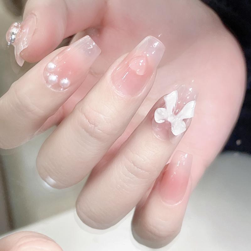 Drăguț roz dulce prințesă detașabil detașabil handmade Nail Art Y2K Vitality Girl Unghii false scurte Blush Bow Patch pentru unghii