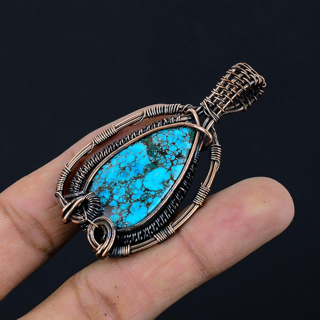 Tibetan Turquoise Pendant, 999 Copper Wire Wrapped Gemstone Jewelry, Handmade Pendant, For Thanksgiving