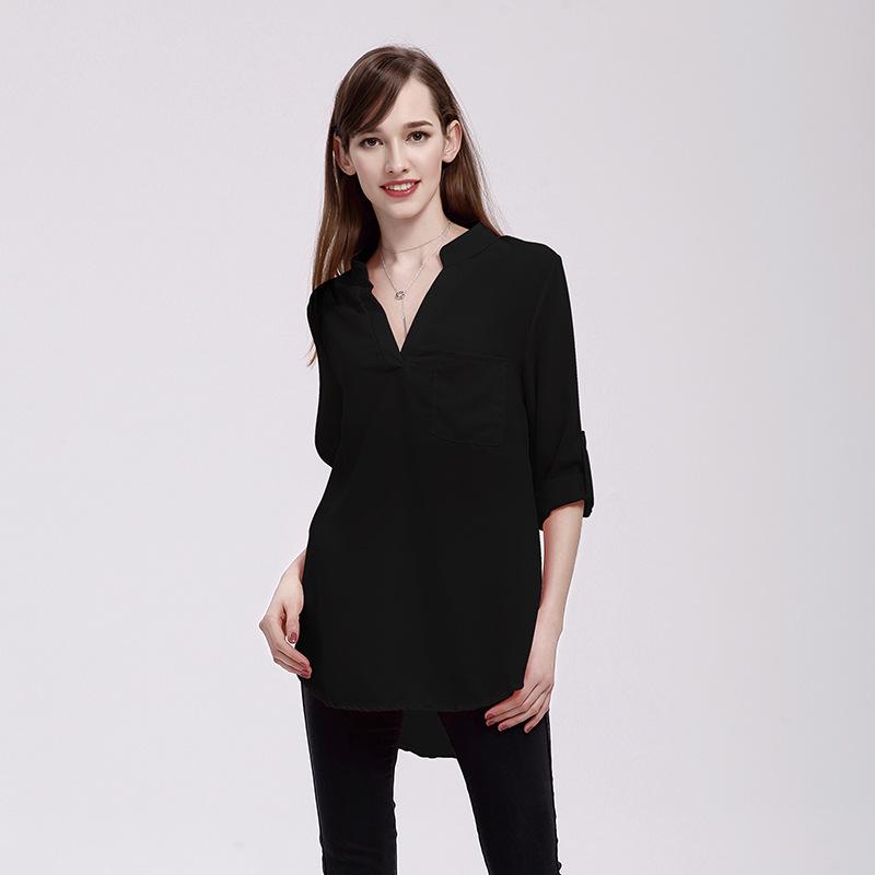 

Women Blouses Chiffon Vneck Shirts Long Sleeve Loose Office Casual Spring Lady Black,XL