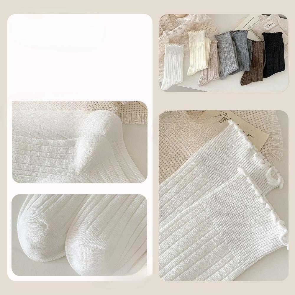 Lace Socks for Women in Autumn and Winter, Mid-calf Warm Cotton Socks, High-calf Pile Socks, Solid Colors, Versatile