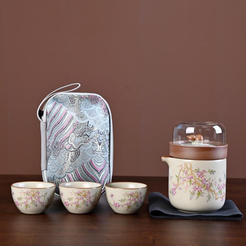 Suet jade travel tea set, one pot and three cups set, portable express cup, outdoor camping teapot, tea cup gift