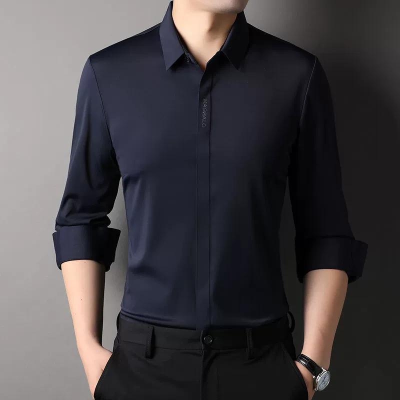 Men's Long-sleeved Shirt Without Letters and Hidden Buttons Spring and Autumn Middle-aged Business Casual Solid Color Anti-wrinkle Elastic White Shirt