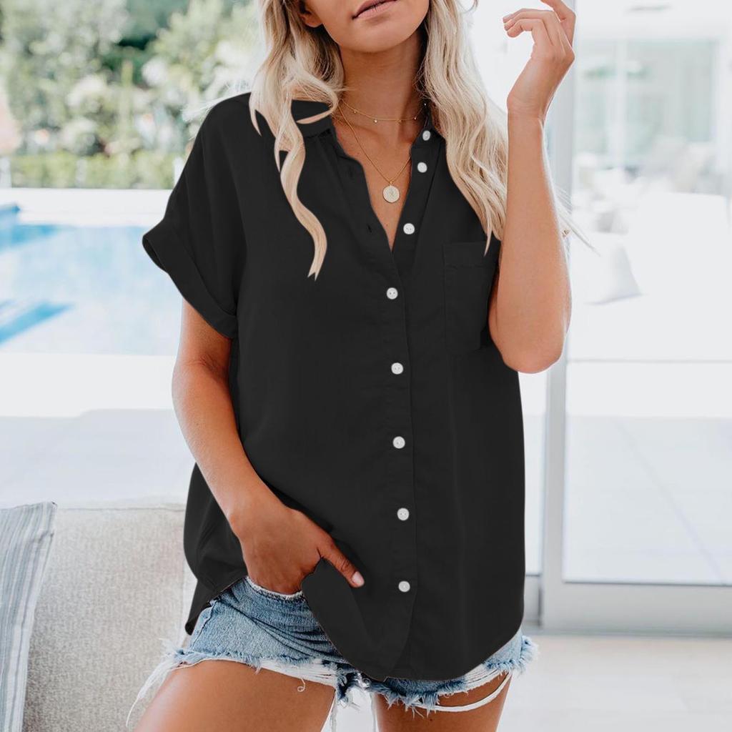 Women's Fashionable Casual Pocket Short-sleeved Collared Shirt Top