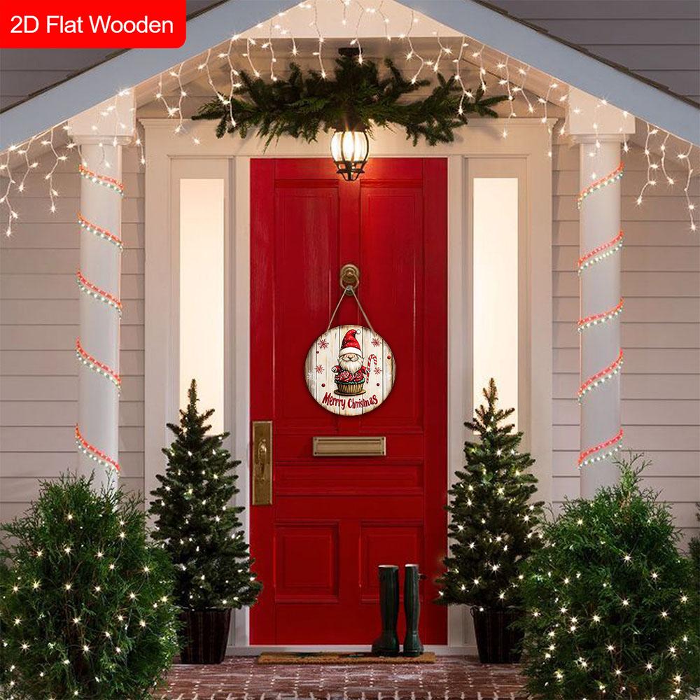 Frohe Weihnachten Holzschild mit entzückendem Wichtelmuster - Navidad Rundes Schild für Haustür, Wandhänge-Dekor - Ideale Weihnachtsdekoration