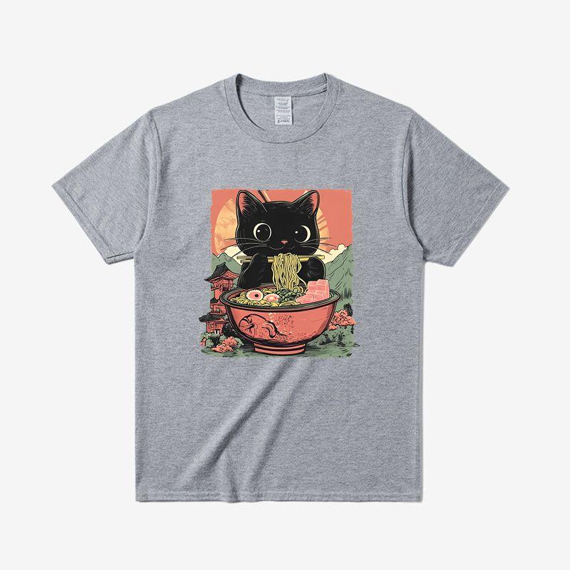 Мяо Вэй Дун Ин Рамен Футболка с милым черным котом, поедающим рамен, с принтом, из чистого хлопка, с круглым вырезом, для мужчин и женщин M