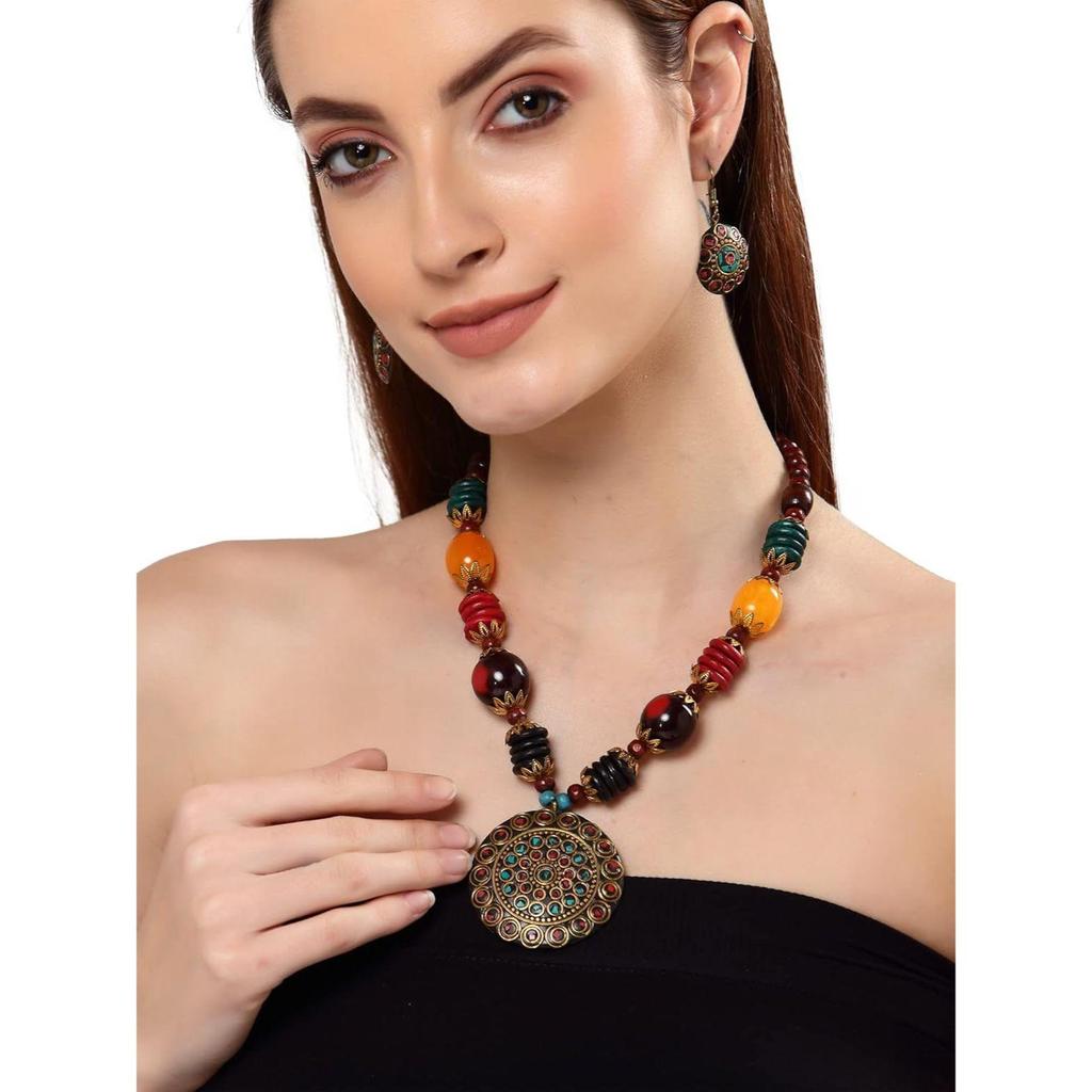 Latest Stylish Traditional Tibetan Pendant Necklace Jewellery Set for Women