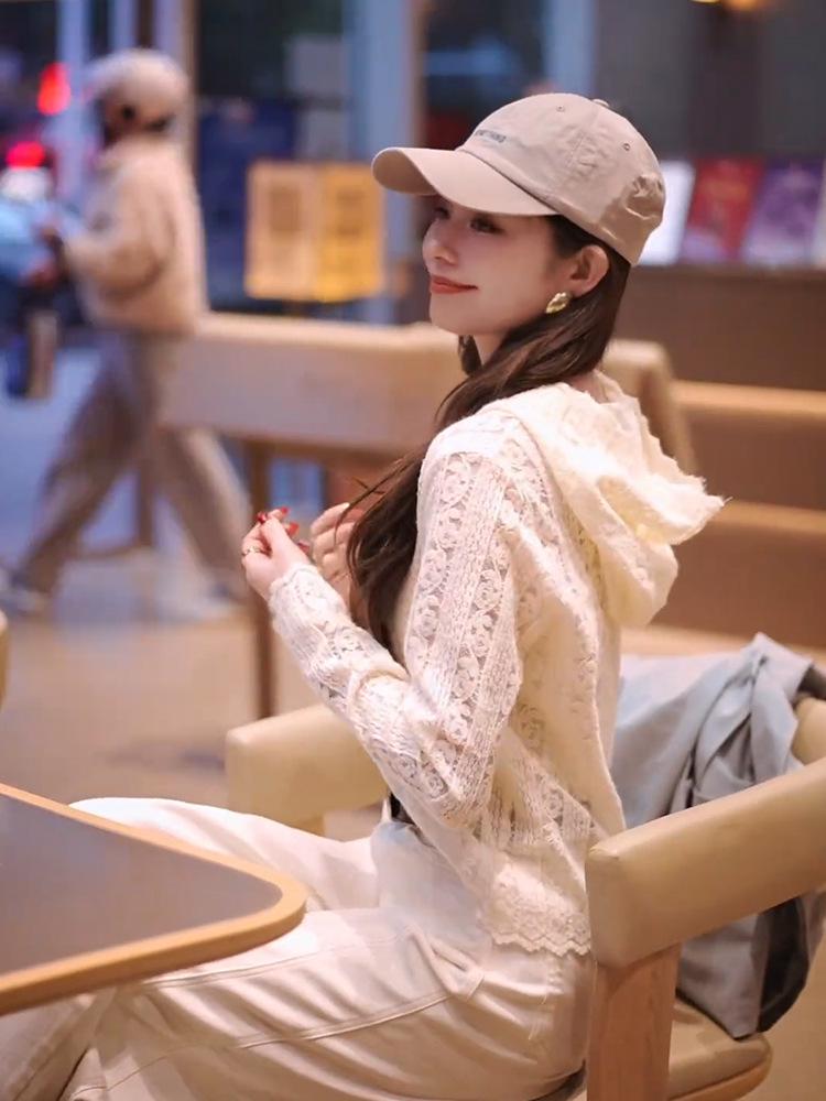 Women's Spring 2025 Lace Long Sleeve Hooded Cardigan Top