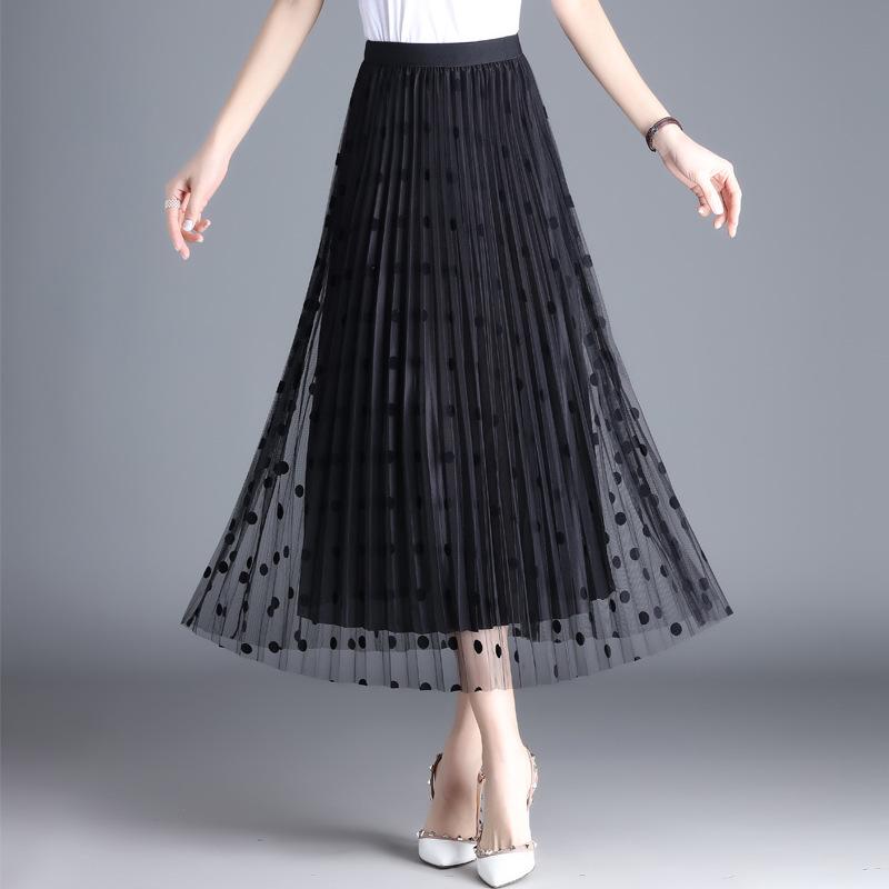 Spódnica z siateczki w kwiaty dla kobiet Wiosna Lato Koronka Flokowanie Duży rozkloszowany elastyczny wysoki stan Moda Elegancka spódnica w kształcie litery A Pół spódnica