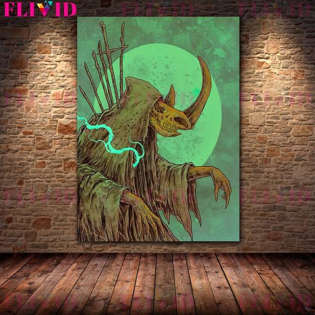Moon Demon and Horror Wizard Vintage Wall Art Oil Painting Skeleton Demon Gothic Dark Art Poster
