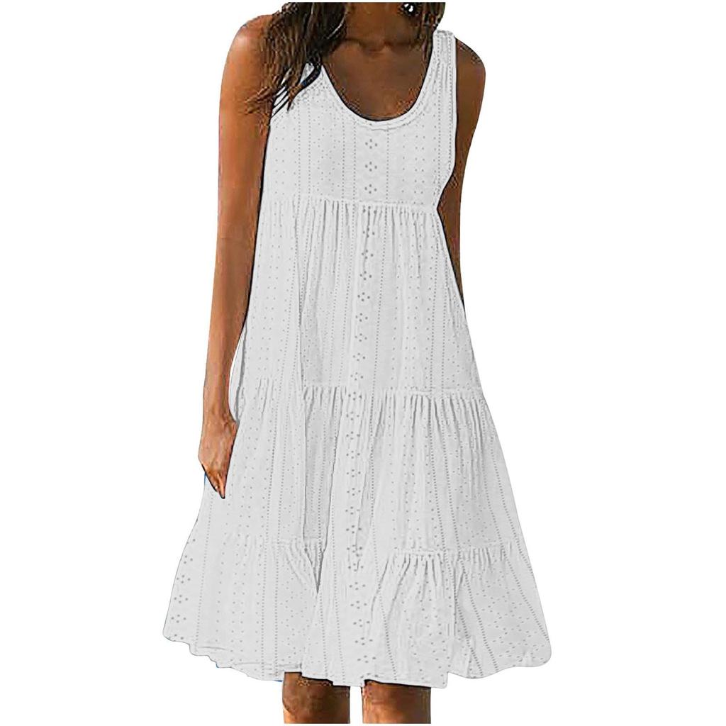Damevestkjoler Sommerbohemske kjoler Søte ermeløse strandtankkjoler med rund hals