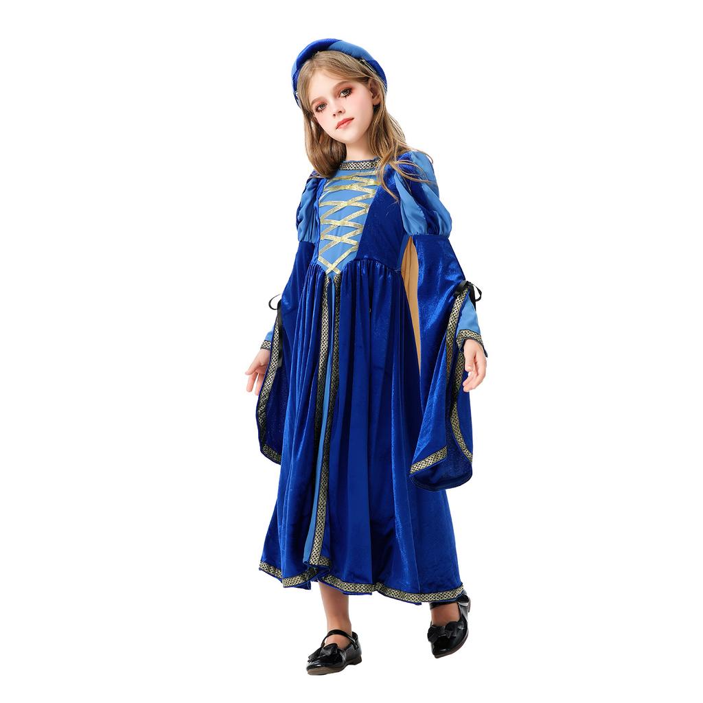 Girls Renaissance Medieval Dress Costume, Blue Velvet, Lace, Headwear Included