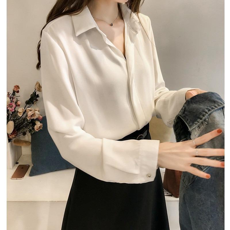 Damen Bluse aus staubigem Blauem Chiffon Langarm Hemdkragen Elegant Lässig Büro Oberteil Für den Täglichen Gebrauch