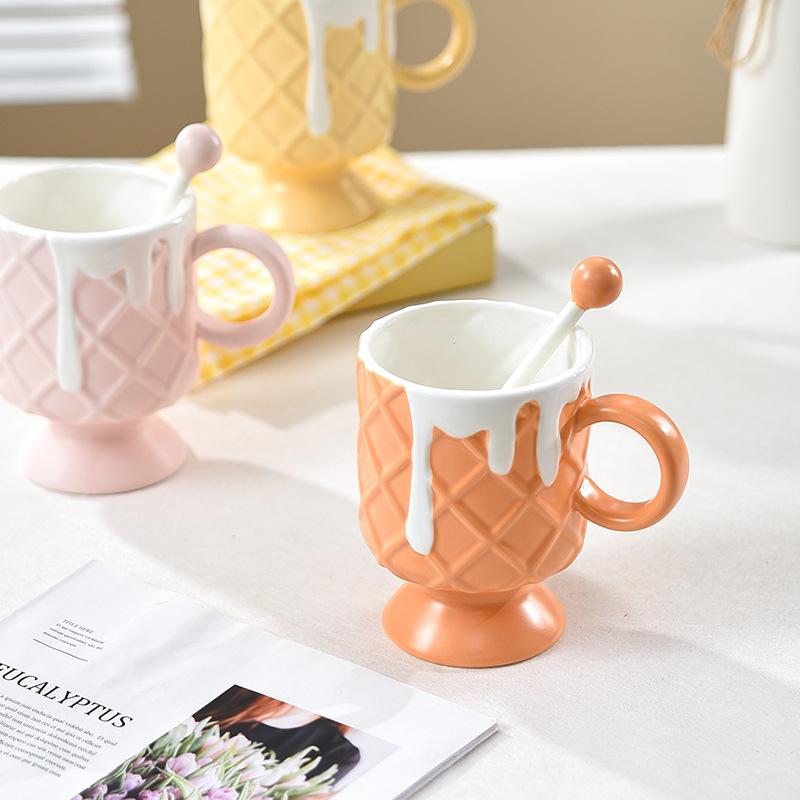 Cream Ice Cream Cup Ice Cream Cup High Foot Ceramic Mug Commercial Juice Cup Creative Dessert Cup with Mixing Spoon