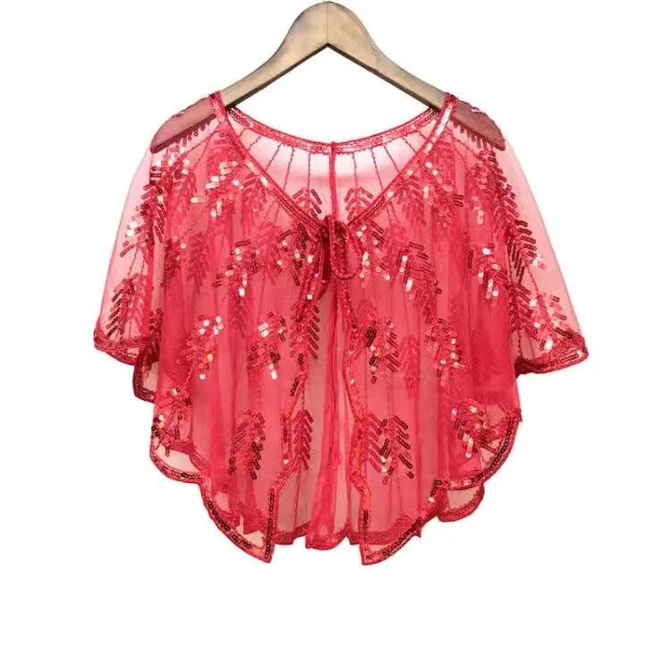 Retro Beaded Sequin Shawl Vintage Flapper Evening Cape Sheer Mesh Embroidery Leaf Women Bolero Party Accessories