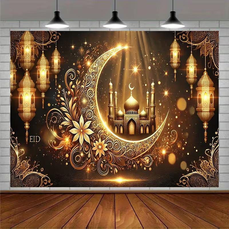 2D Flat Print Eid Mubarak Backdrop Golden Crescent Moon & Mosque Photography Background