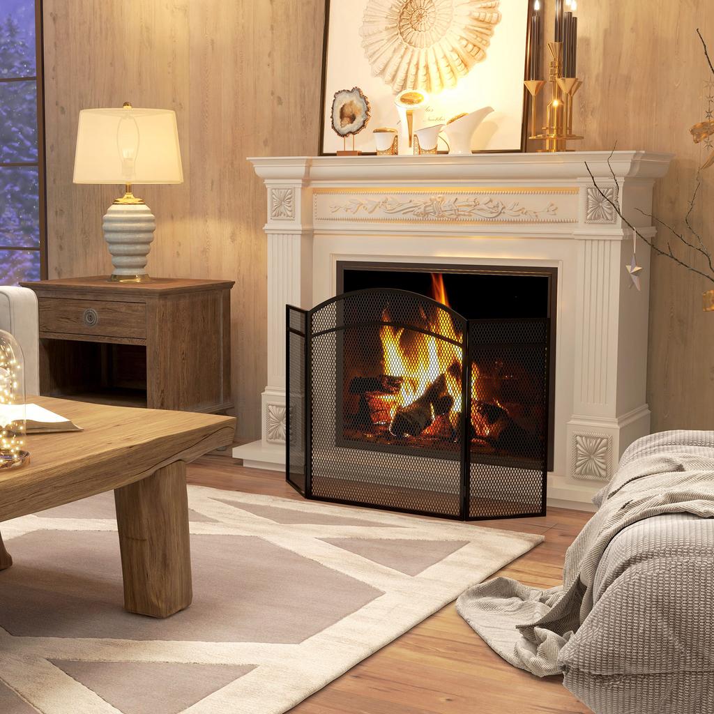 Fireplace Screen, 3-Panel, Folding, Metal Frame, 96 X 60 Cm, Black