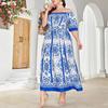 Plus Size Off-Shoulder Blue & White Porcelain Print A-Line Dress for Women