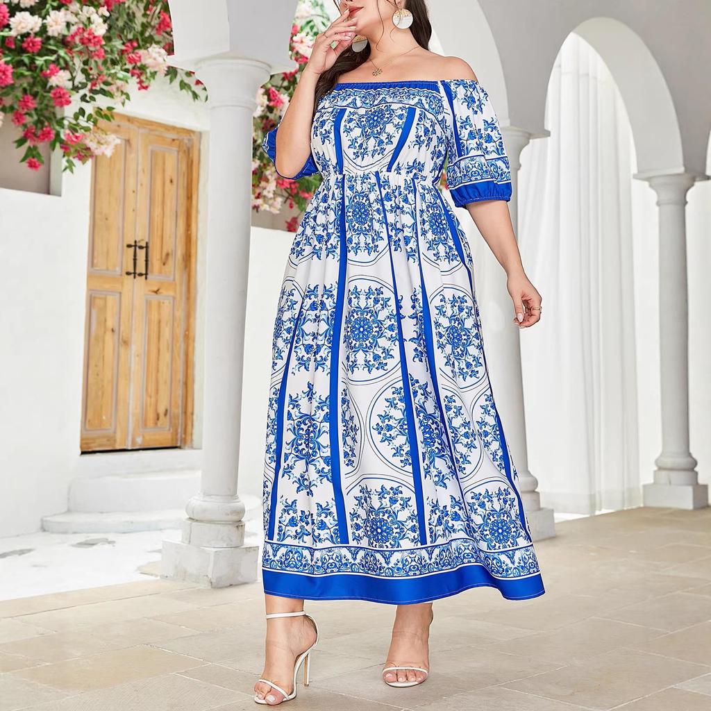 Plus Size Off-Shoulder Blue & White Porcelain Print A-Line Dress for Women