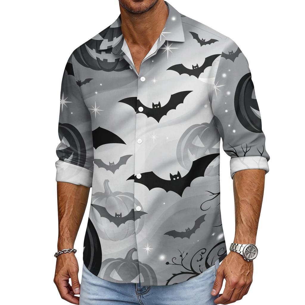 Men's Loose Fit Long Sleeve Shirt with Classic Collar Halloween Print Vintage Casual Button Down Shirt for Spring Autumn Daily Wear