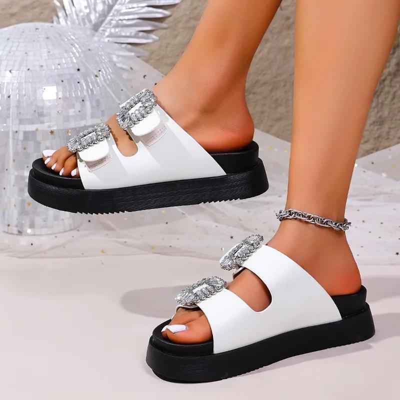 

Fashion Fashion 2025 Open Toe Women s Slippers Summer New Wearing Outside Plus Size Crystal Belt Buckle Comfortable Solid Flat Slippers 40 покинуть белый