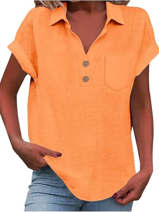 European Women's Cotton Linen Short Sleeve Lapel Button Shirt