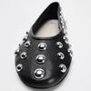 New Rivet Round Head Flat Shoes Luxury Black Leather Sandal Ballet Sandals Silver Ball Metal Hollow Mary Jane Shoes