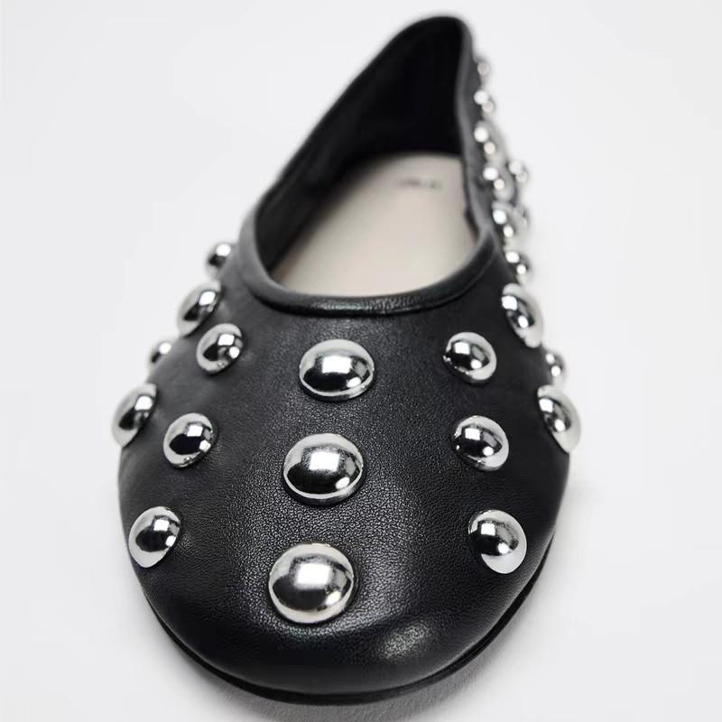 New Rivet Round Head Flat Shoes Luxury Black Leather Sandal Ballet Sandals Silver Ball Metal Hollow Mary Jane Shoes