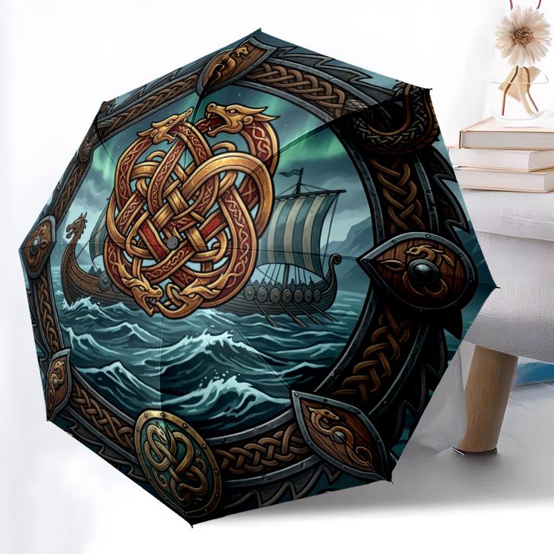 Ship Norse Mythology pattern umbrella, portable and foldable design, 8 ribs, a casual accessory for Halloween, Christmas, and birthday gifts.