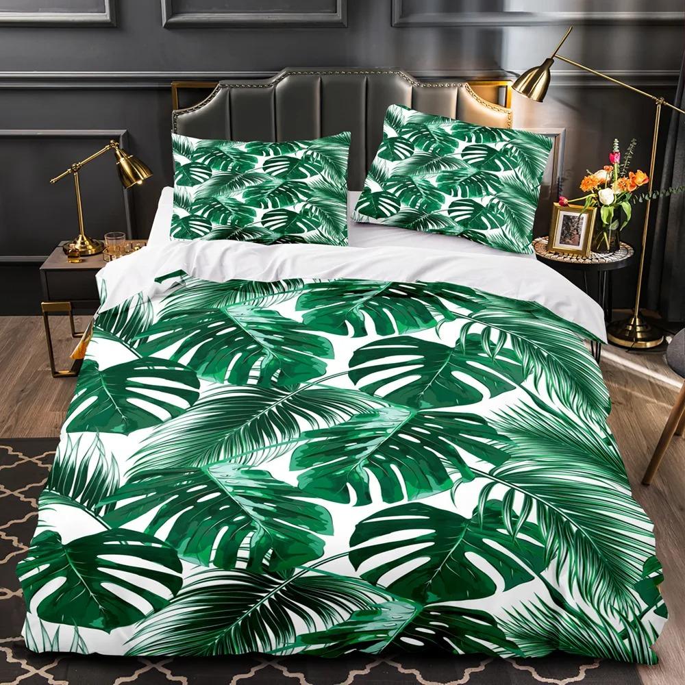 Tropical Plants Floral King Queen Duvet Cover Green Palm Leaves Bedding Set Cream-Colored Flowers 2-3Pcs Polyester Quilt Cover