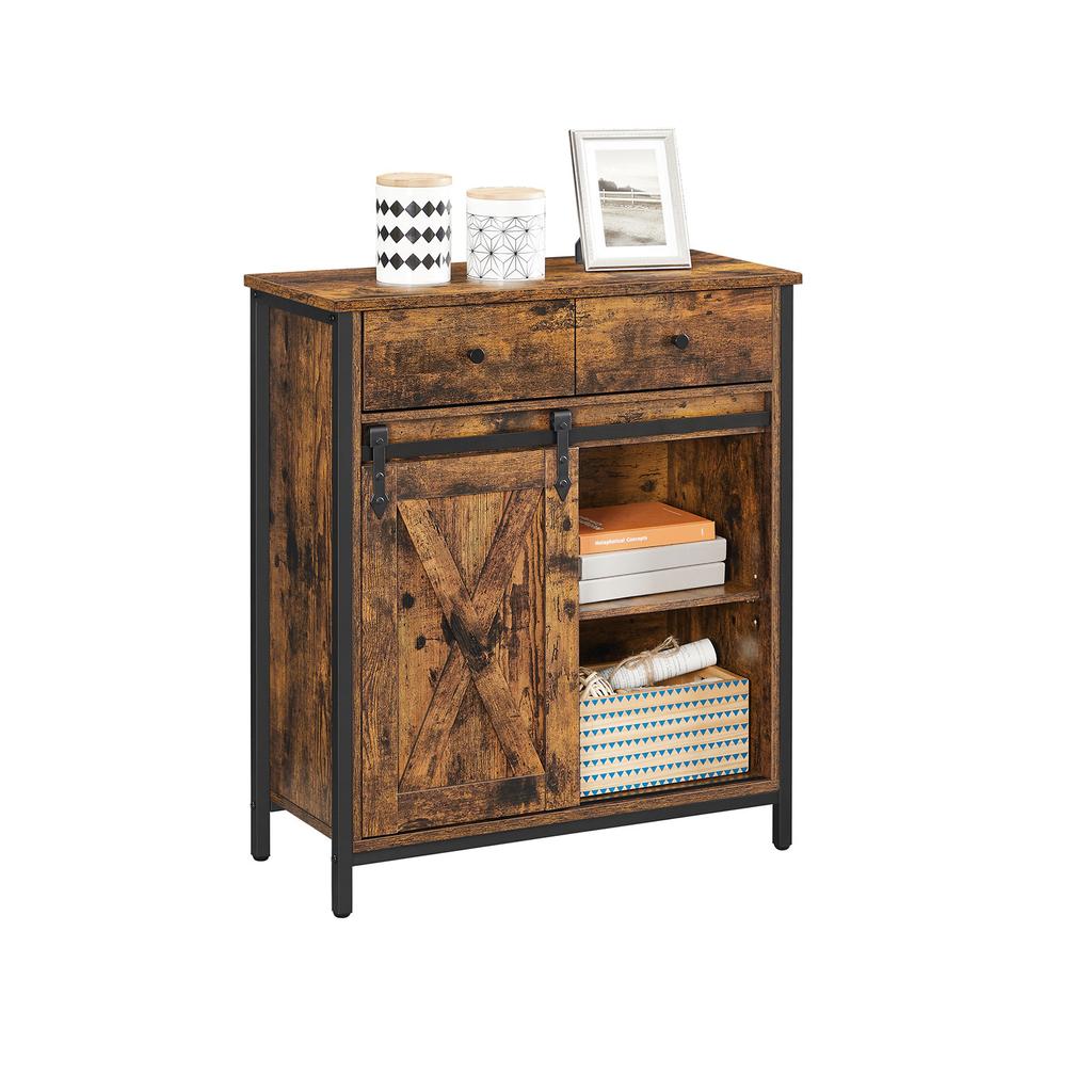 VASAGLE Armadio Contenitore, Credenza e Mobile TV, Mobile a Terra Autoportante con 1 Cassetto e Porta a Scomparsa Stile Rustico, Industriale, Marrone Rustico e Nero