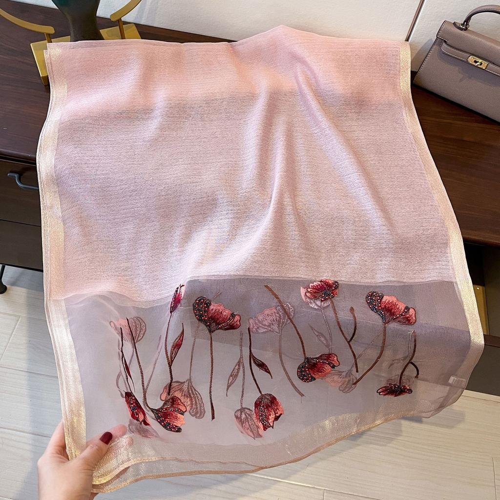 Neuer dünner Schal für Frühling und Sommer, Seidenmischung, Herbst und Winter, für Damen, modischer Perlen-Stickschal mit hochwertigem Schal