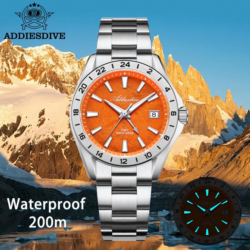 ADDIESDIVE Luxury GMT Quartz Watch Swiss Ronda 515-24H Dial 38mm Stainless Steel 200M Water Resistant Sapphire Glass Wristwatch