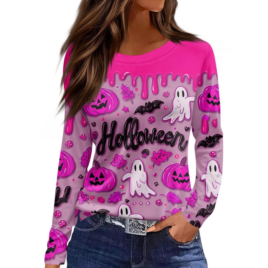 Women's Fashion Casual Slit Hem Round Neck Long Sleeve Loose Halloween Printed T-Shirt Ladies Top
