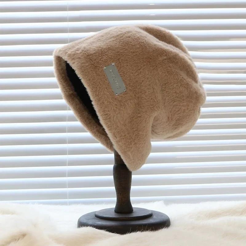 Women Plush Baggy Beanies Hats Winter Thicken Warm Solid Fleece Wool Skullies Hat Outdoor Coldproof Caps Female Gorros Bonnet
