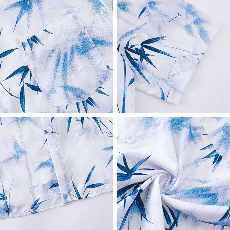 Blue Bamboo Leaf Print Ink Wash Short Sleeve Loose Shirt