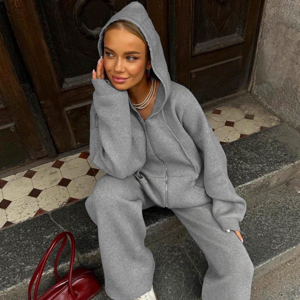 European & American 2026 Autumn/Winter New Zipper Hooded Knit Cardigan Wide-Leg Pants Lazy Style Two-Piece Set
