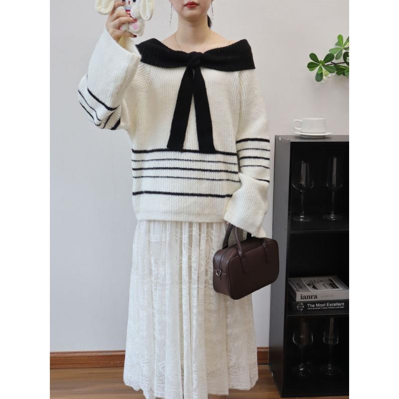 

Осень и зима новый свитер с открытым плечом, контрастной расцветки, в полоску, вязаный топ, свободный, с темпераментом, пуловер-свитер, женский One size