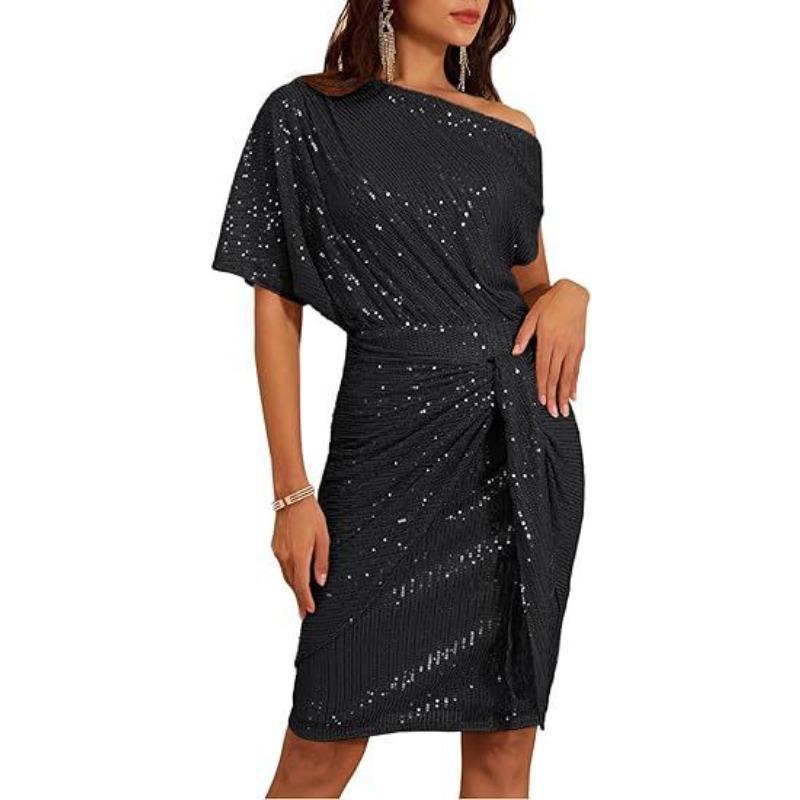Ladies Trimmed Shiny Party Club Shoulder Folds Toast Dress Fashion Dress