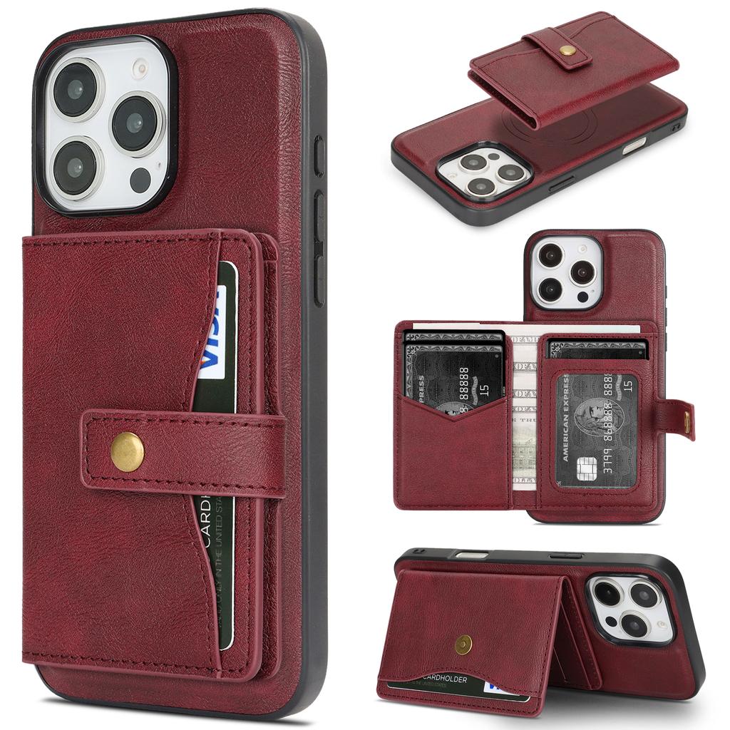 For iPhone 15 Pro Kickstand Case Detachable Card Bag Compatible with MagSafe PU Leather Coated TPU Phone Cover