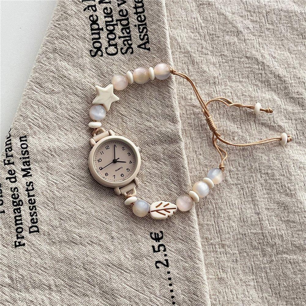 Mori‑Style Leaf Star Beaded Braided Rope Bracelet Quartz Watch Adjustable Versatile Student Women Wristwatch
