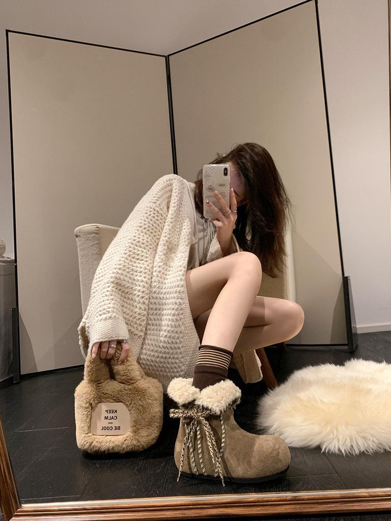 cm inner height increase~ leather thick-soled Maillard two wear snow boots women's winter velvet thickened cotton shoes