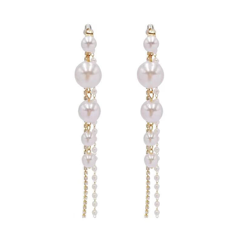 Cercei lungi eleganți cu ciucure de perle și diamante, cu ac din argint S925