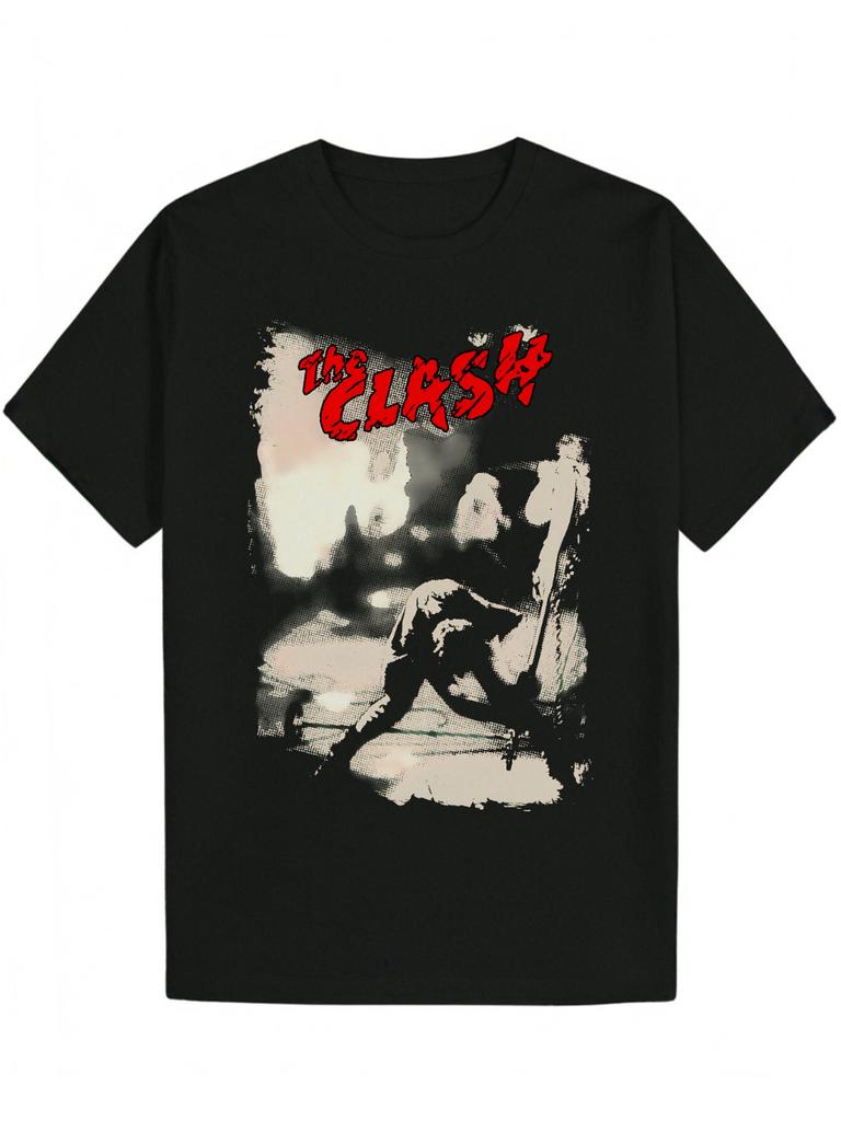 Mens The Clash logo and lyrics print Tshirt Retro punk pattern classic black album cover Couple streetwear crew neck Tshirt
