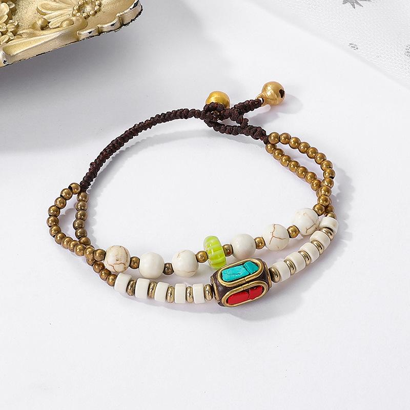 Ethnic Style Hand-woven Retro Color Beaded Bracelet Tibetan Pure Copper Bracelet Bell Antique Hand Rope Women's Jewelry